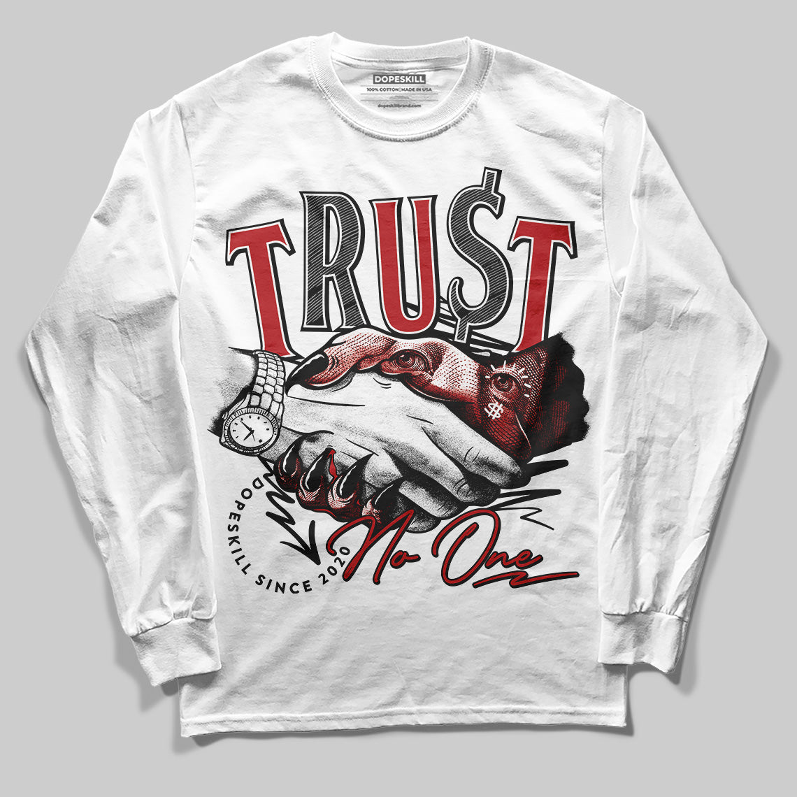 Jordan 12 Retro Flu Game (2025) DopeSkill Long Sleeve T-Shirt Trust No One Graphic Streetwear - White