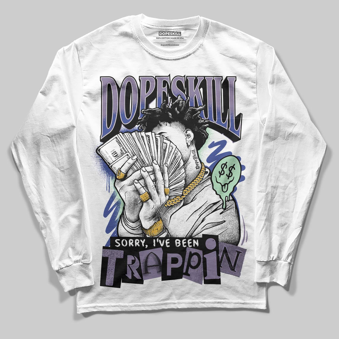 Jordan 1 Retro Low OG Zion Williamson Voodoo Alternate DopeSkill Long Sleeve T-Shirt Sorry I've Been Trappin Graphic Streetwear - White