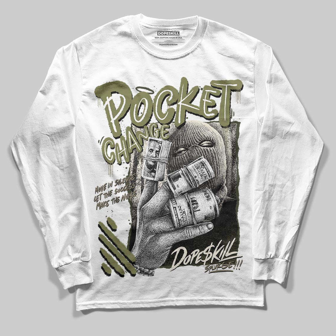 Jordan 3 “Medium Olive” aka “Family Affair” DopeSkill Long Sleeve T-Shirt Pocket Change Graphic Streetwear - White