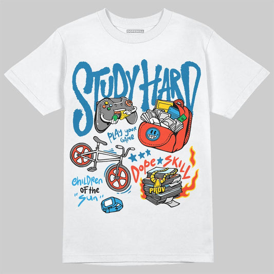 Jordan 4 Retro Military Blue DopeSkill T-Shirt Study Hard Graphic Streetwear - White