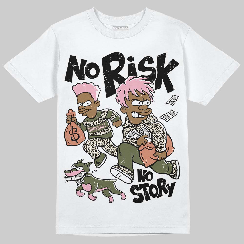 SB Dunk Low Pro x Arts-Rec Skateshop Rust Pink and Rough Green DopeSkill T-Shirt No Risk No Story Graphic Streetwear - White