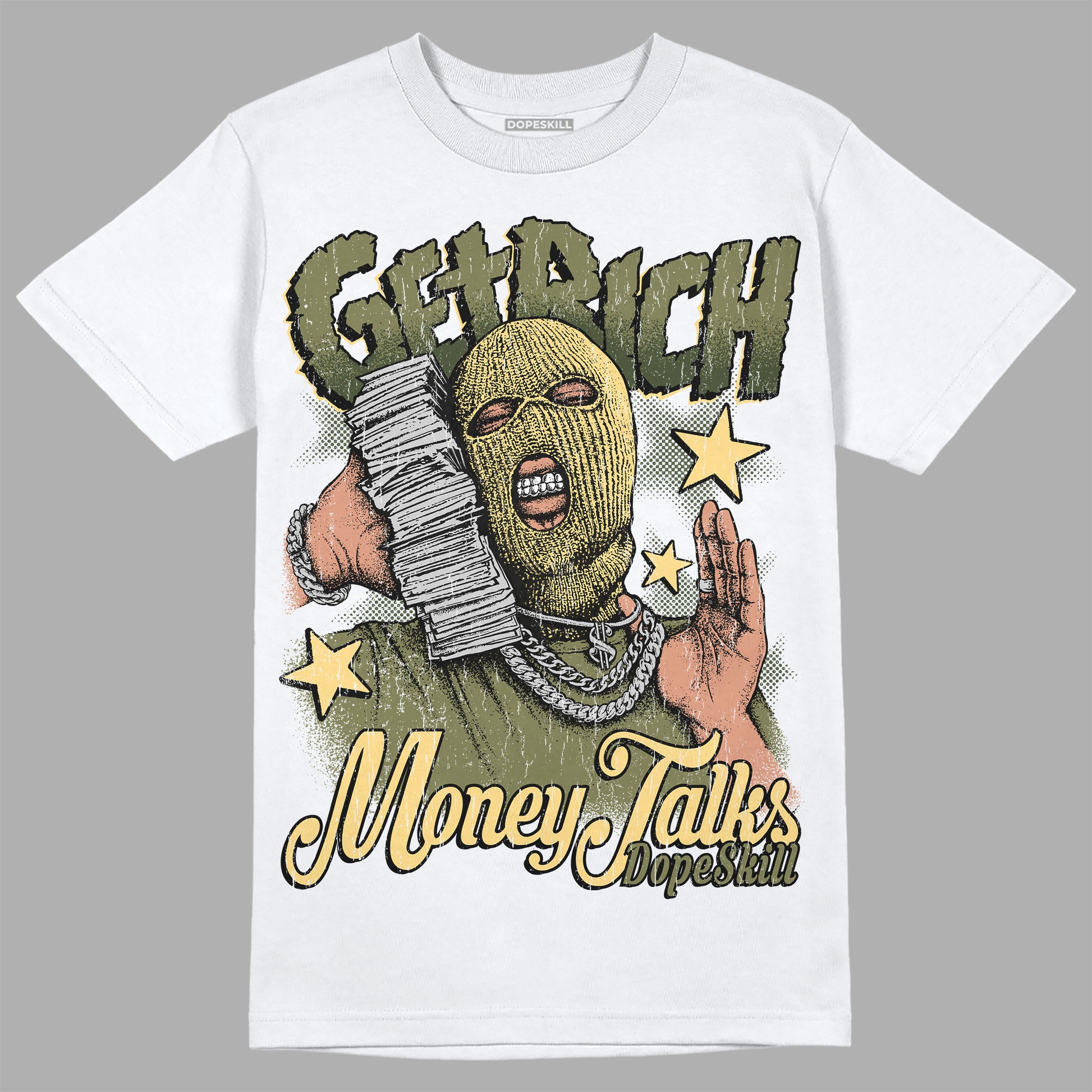 Jordan 4 Retro SE Craft Medium Olive DopeSkill T-Shirt Get Rich Graphic Streetwear - White