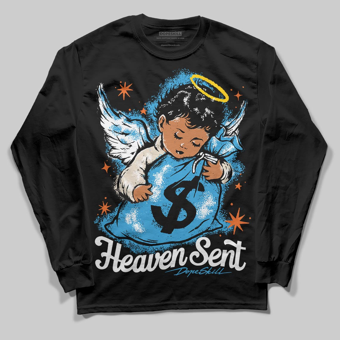 Jordan 1 High OG “UNC” Reimagined DopeSkill Long Sleeve T-Shirt Heaven Sent Graphic Streetwear - Black