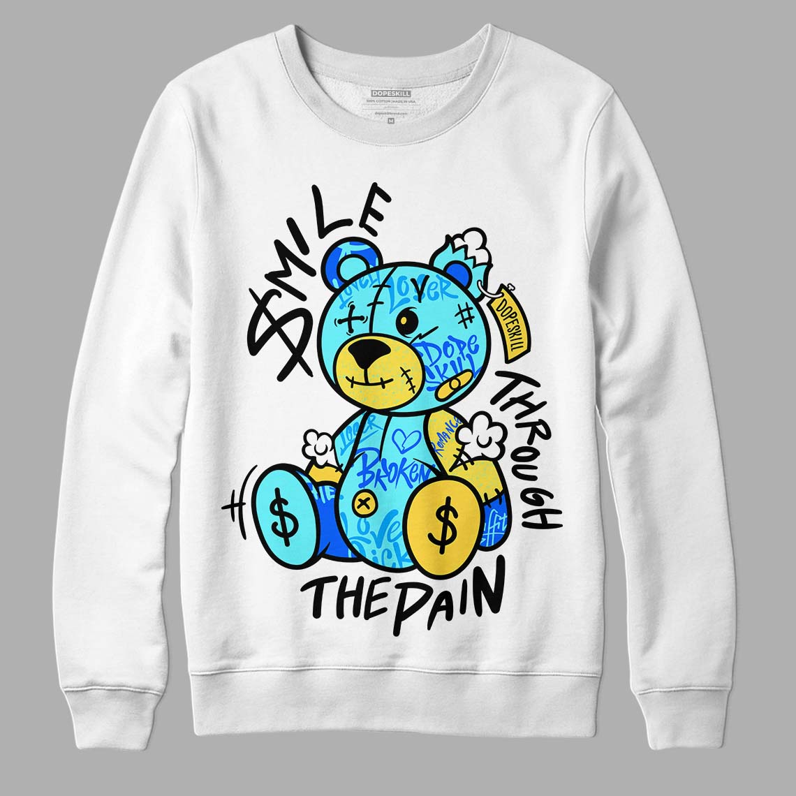 Jordan 5 Aqua DopeSkill Sweatshirt Smile Through The Pain Graphic Streetwear - White