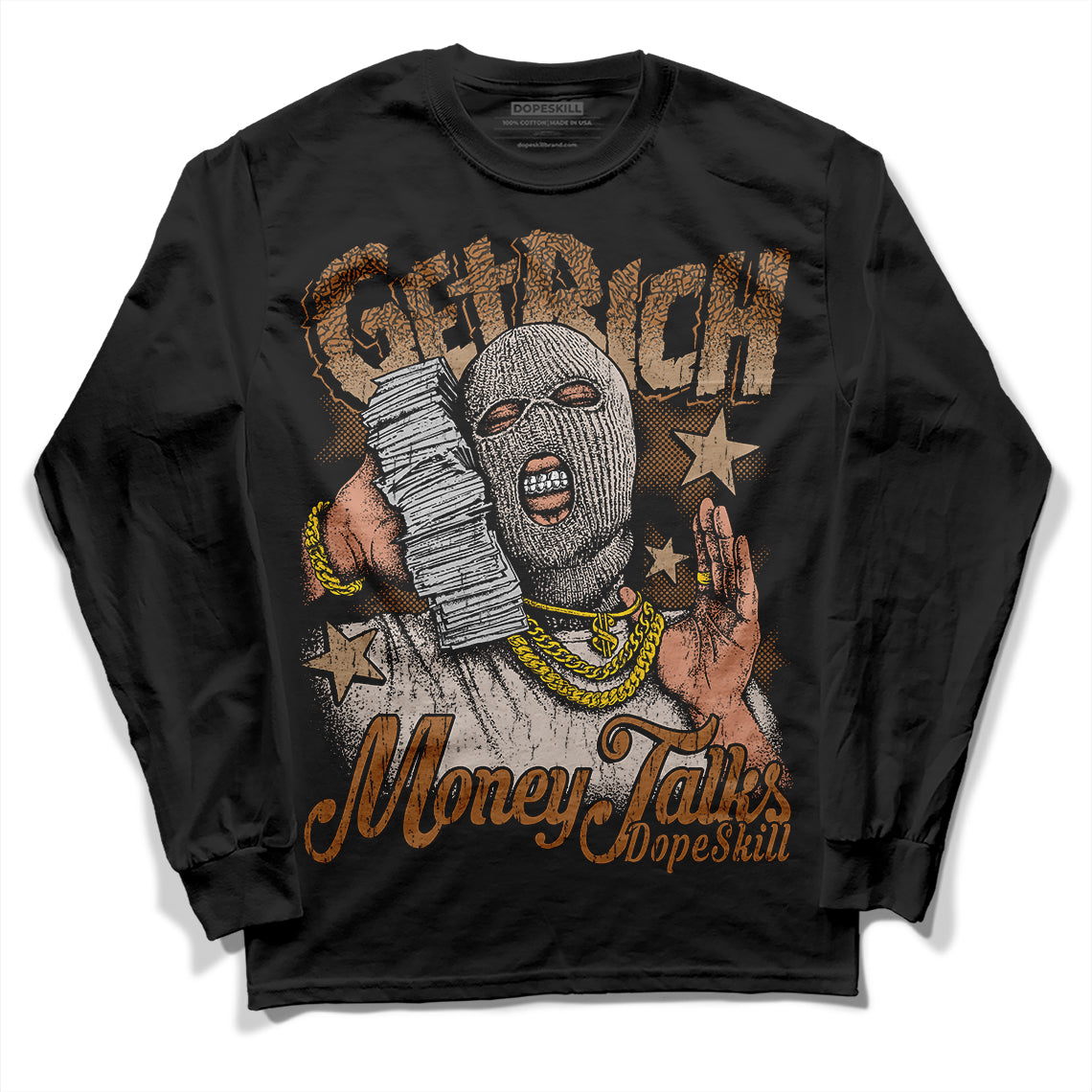 Jordan 3 Retro Palomino DopeSkill Long Sleeve T-Shirt Get Rich Graphic Streetwear - Black