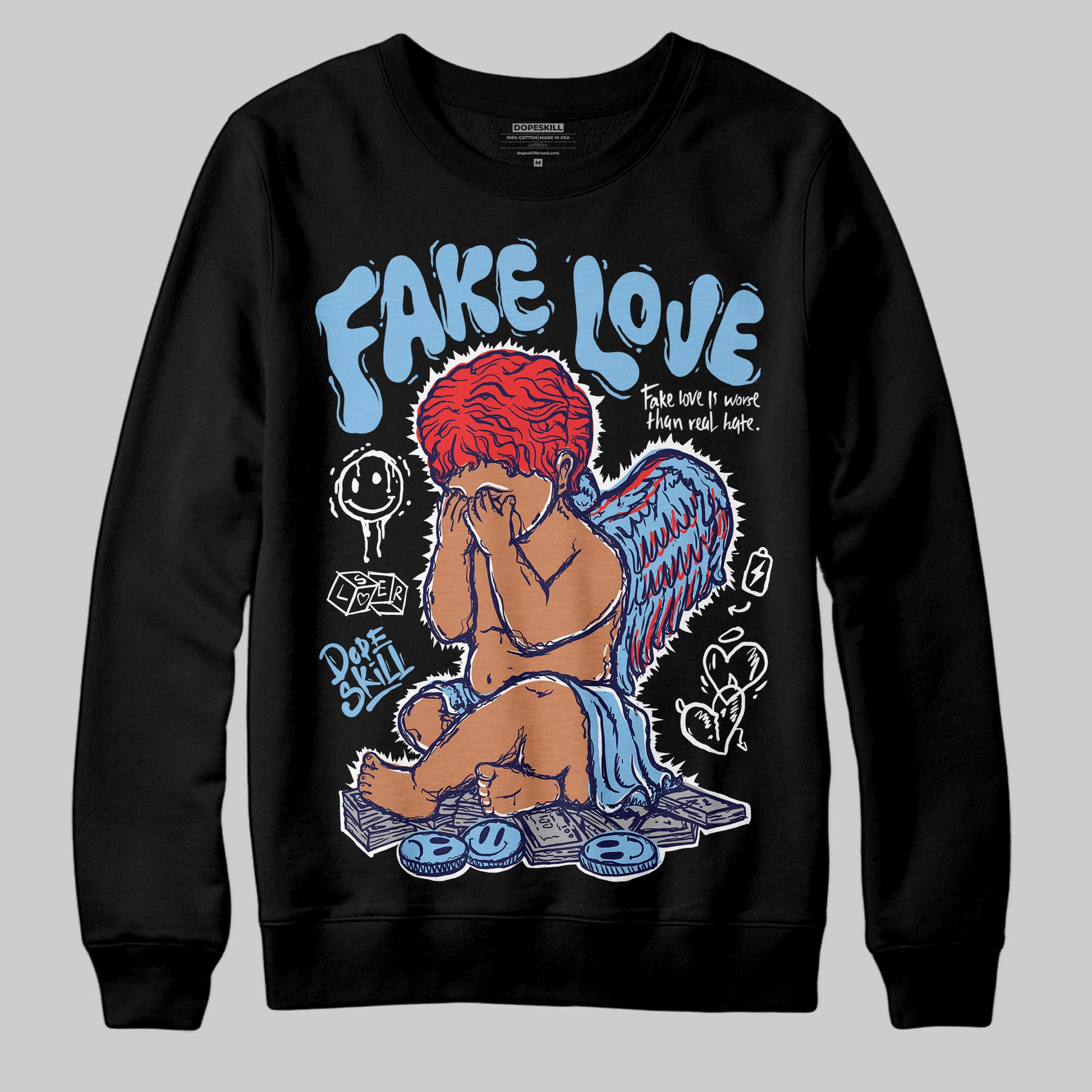 University Blue Sneakers DopeSkill Sweatshirt False Love Graphic Streetwear - Black