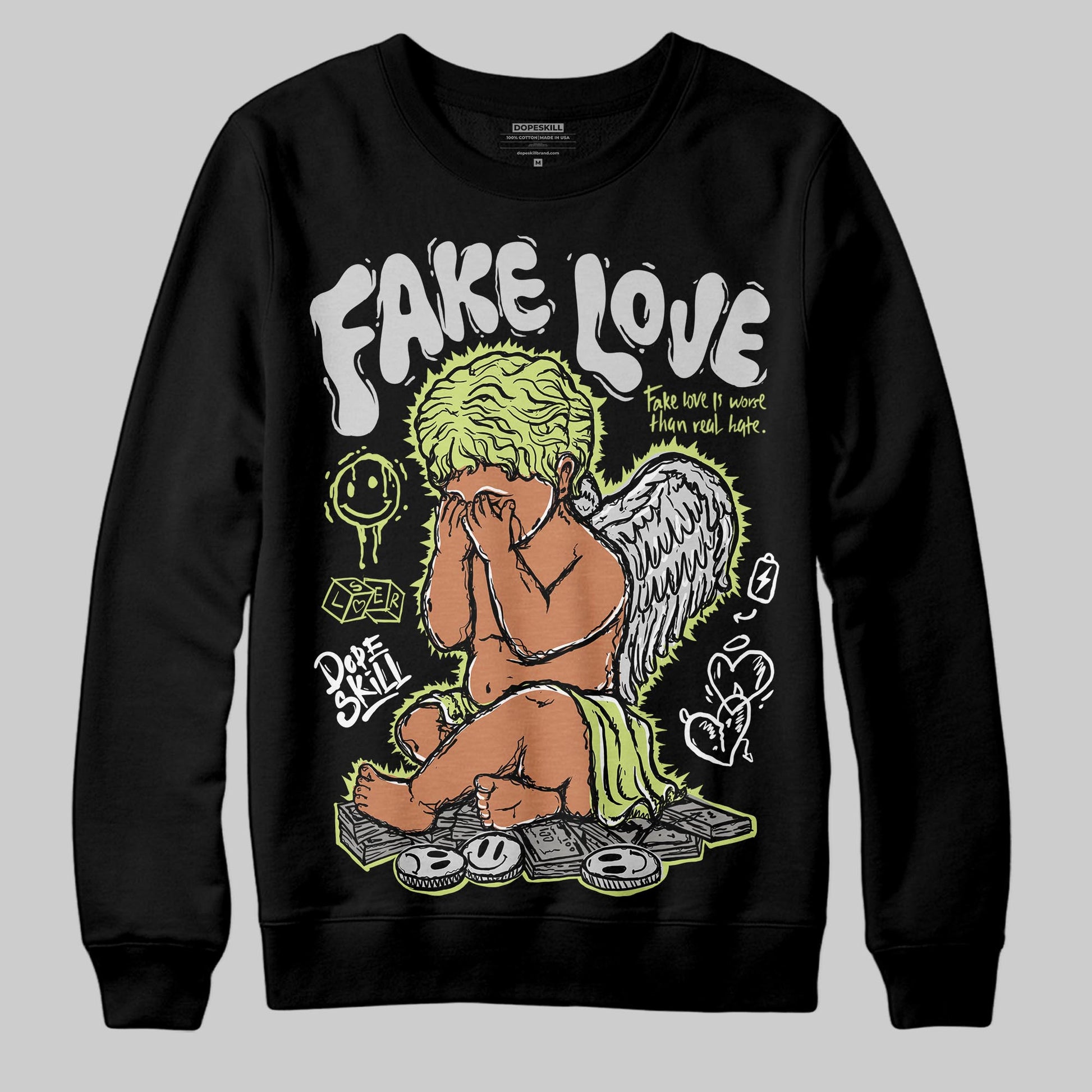 Jordan 4 GS “Light Lemon Twist” DopeSkill Sweatshirt False Love Graphic Streetwear - Black