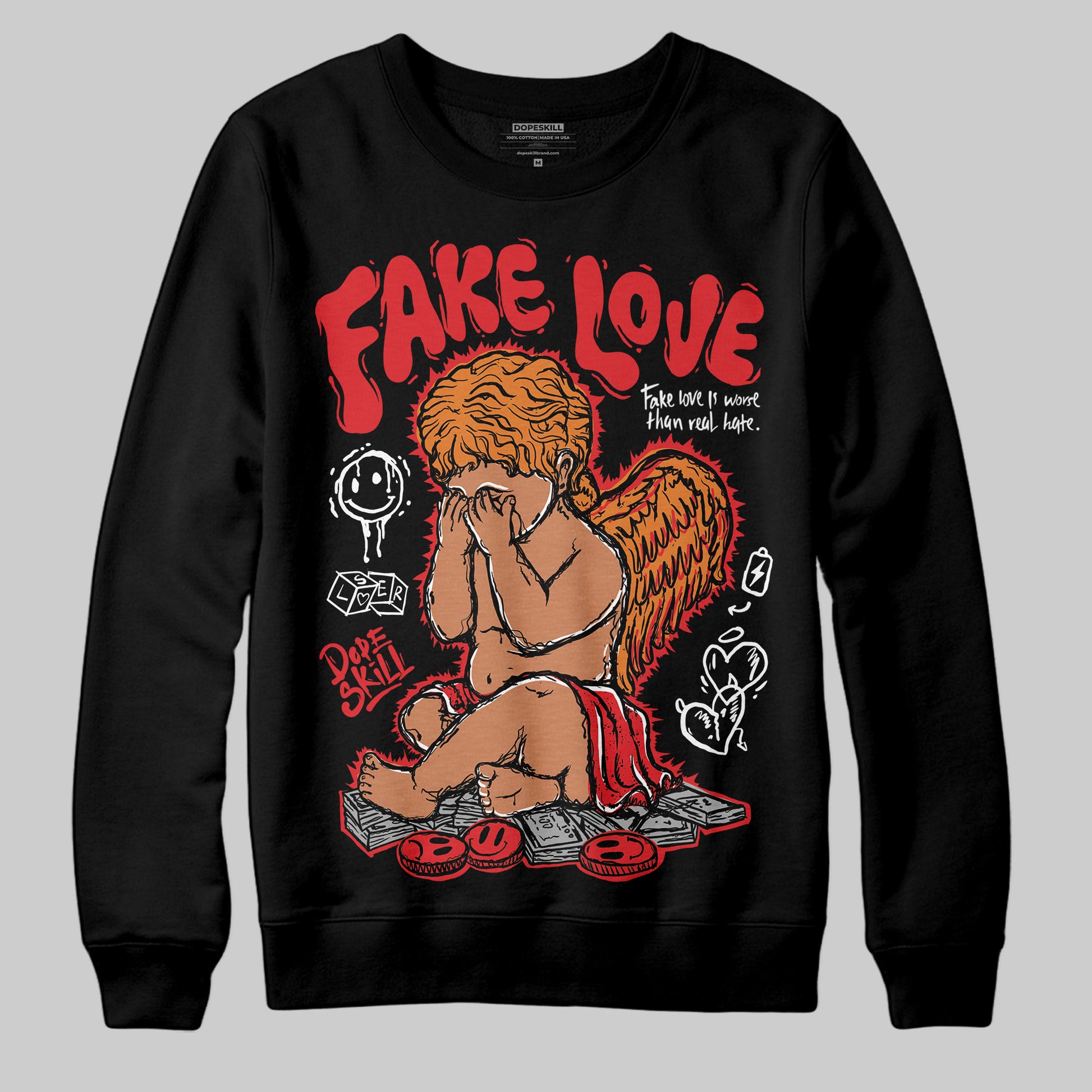 Jordan 4 Retro Red Cement DopeSkill Sweatshirt False Love Graphic Streetwear - Black