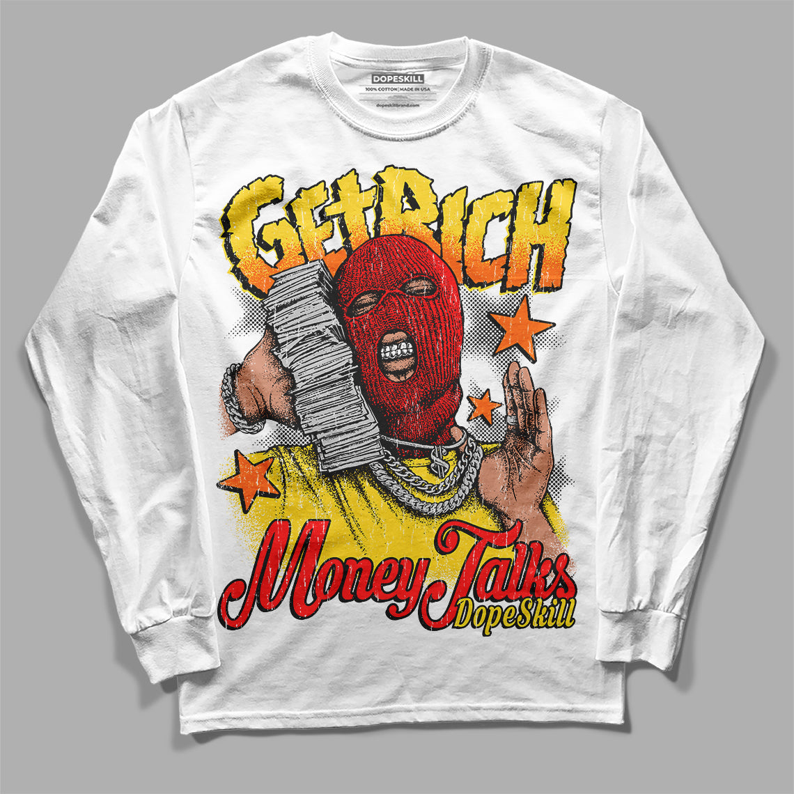 Jordan 4 Thunder DopeSkill Long Sleeve T-Shirt Get Rich Graphic Streetwear - White