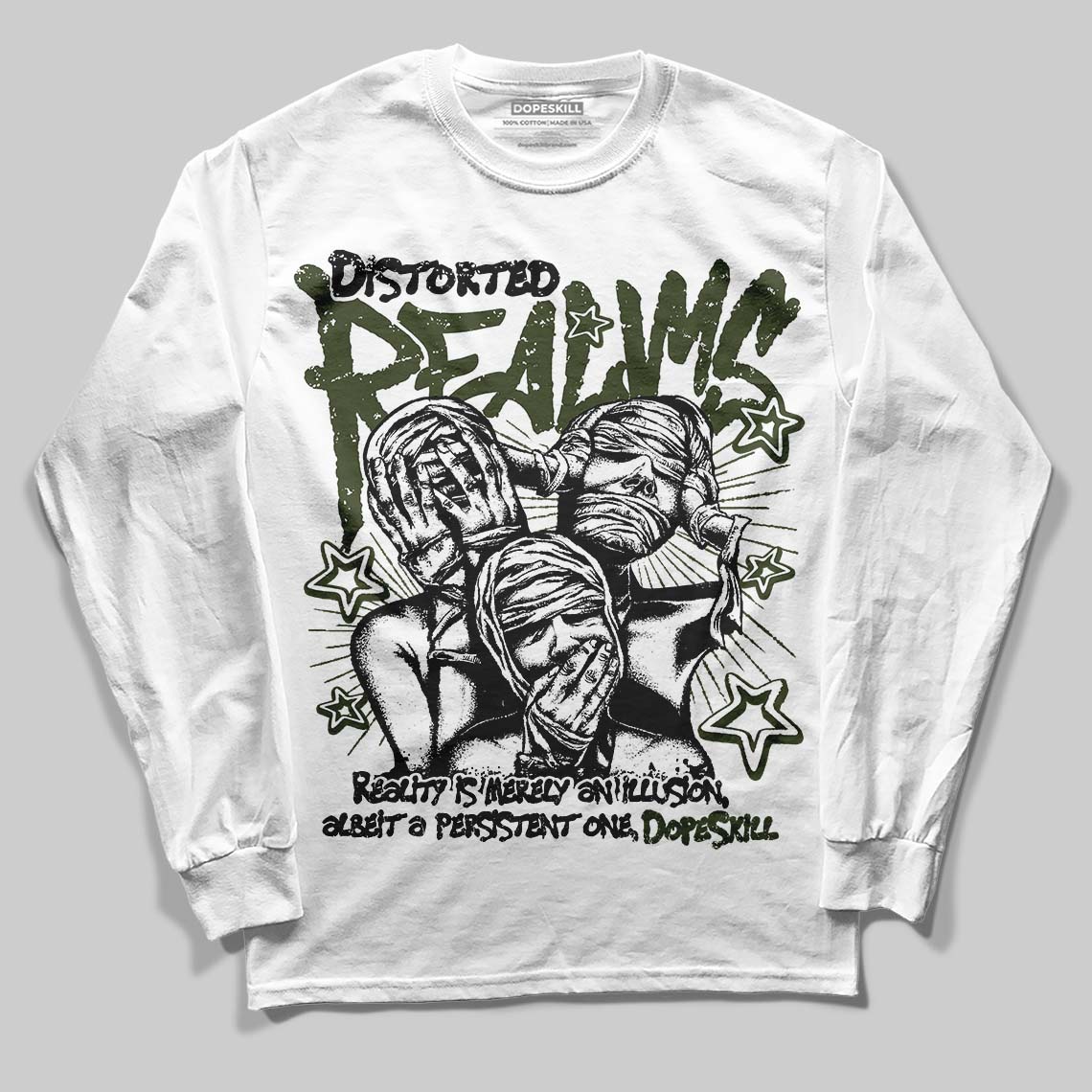 Olive Sneakers DopeSkill Long Sleeve T-Shirt Distorted Realms Graphic Streetwear - White