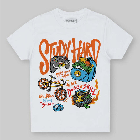 Orange, Black and White Sneakers DopeSkill Toddler Kids T-shirt Study Hard Graphic Streetwear - White