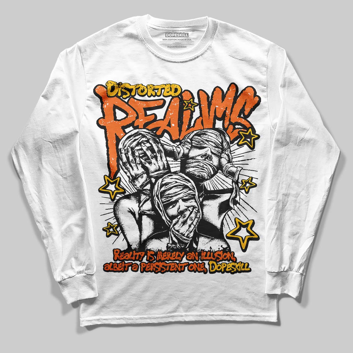 Orange, black and white Sneakers DopeSkill Long Sleeve T-Shirt Distorted Realms Graphic Streetwear - White