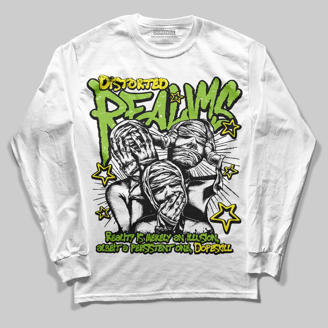 Neon Green Sneakers DopeSkill Long Sleeve T-Shirt Distorted Realms Graphic Streetwear - White