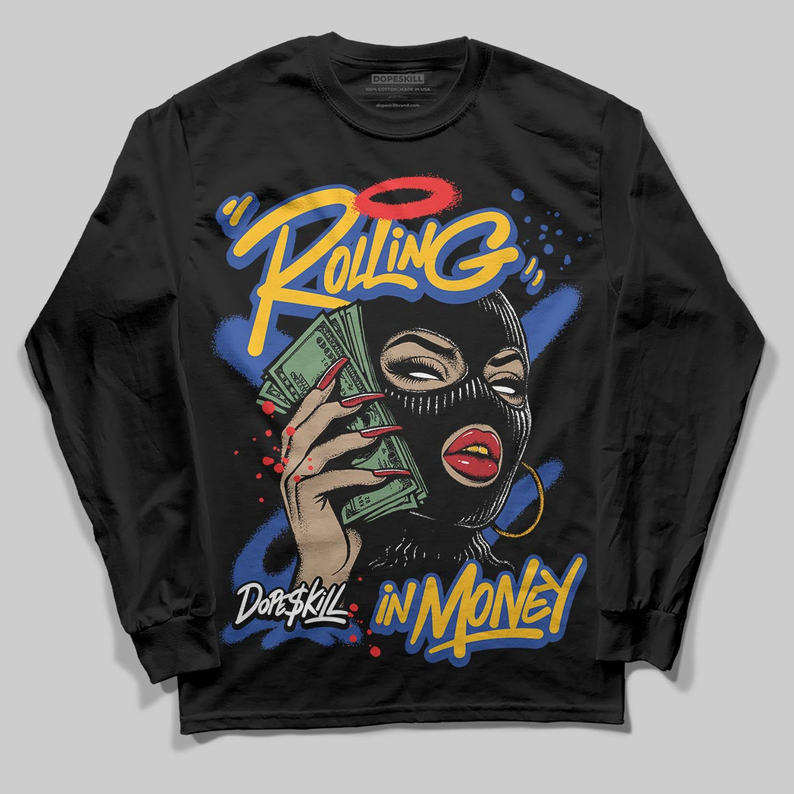 Royal Blue Sneakers DopeSkill Long Sleeve T-Shirt Rolling in Money Graphic Streetwear - Black