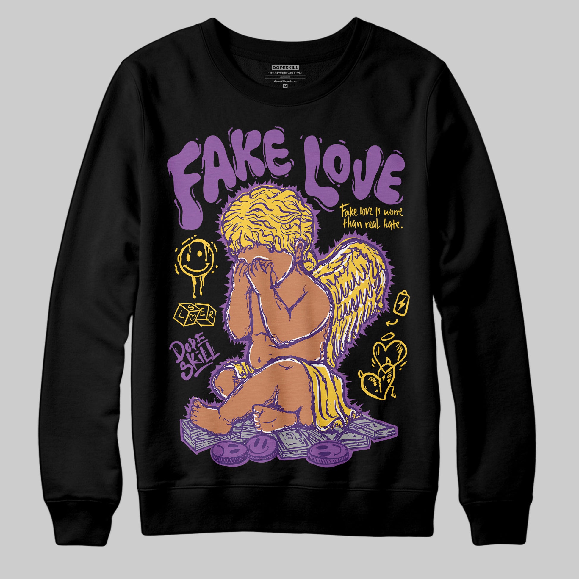 Jordan 12 “Field Purple” DopeSkill Sweatshirt False Love Graphic Streetwear - Black
