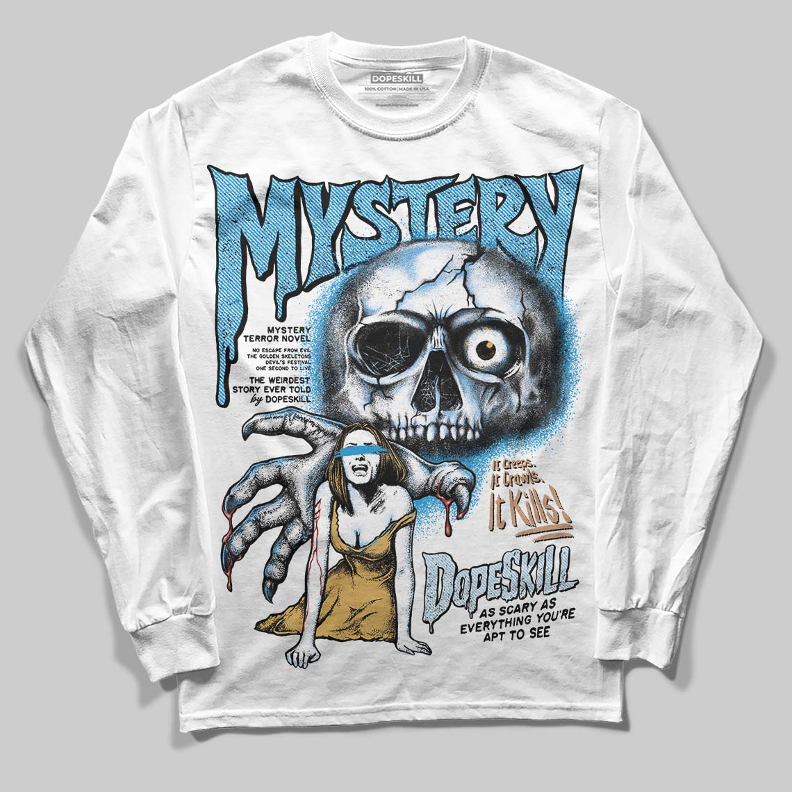 Jordan 4 Denim “Worn Blue” DopeSkill Long Sleeve T-Shirt Mystery Ghostly Grasp Graphic Streetwear - White