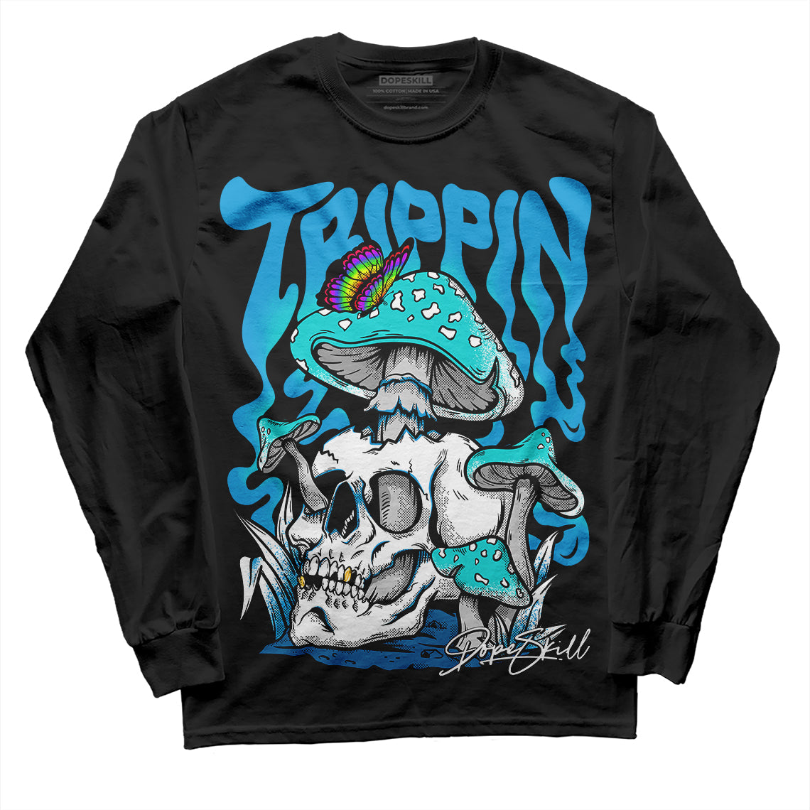 Jordan 4 Retro Military Blue DopeSkill Long Sleeve T-Shirt Trippin Graphic Streetwear - Black