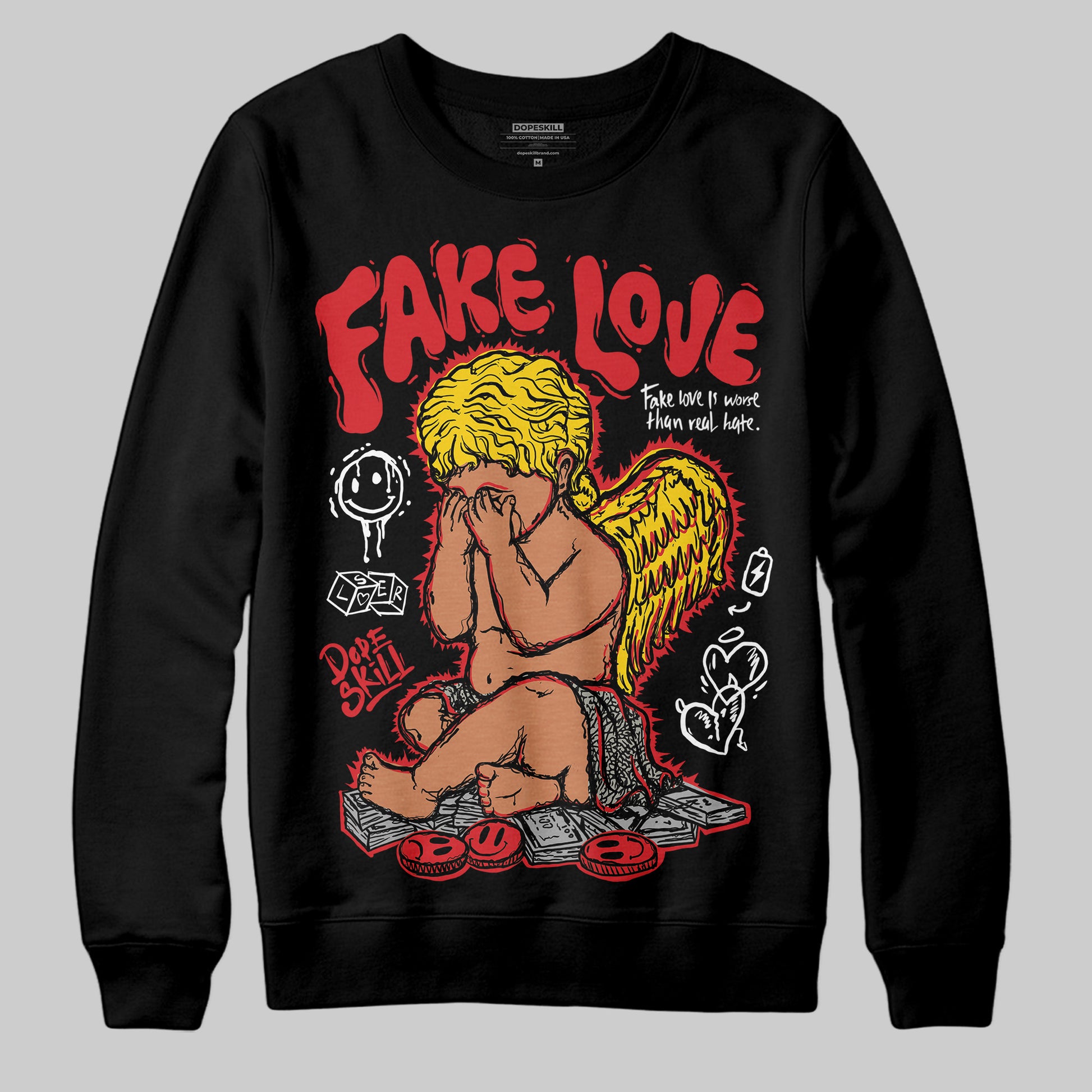 Jordan 3 Fire Red DopeSkill Sweatshirt False Love Graphic Streetwear - Black