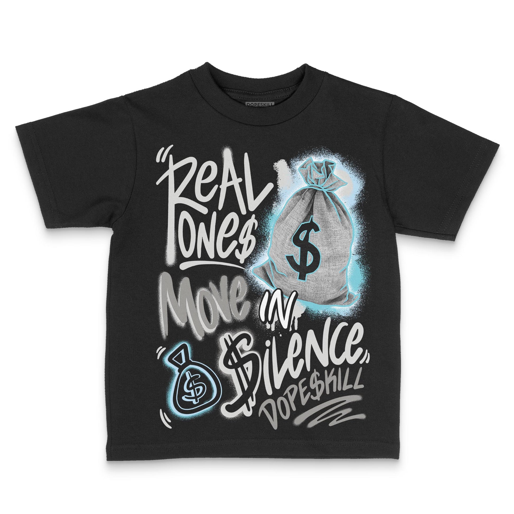 Jordan 4 Retro GS “Blue Chill” DopeSkill Toddler Kids T-shirt Real Ones Move In Silence Graphic Streetwear - black