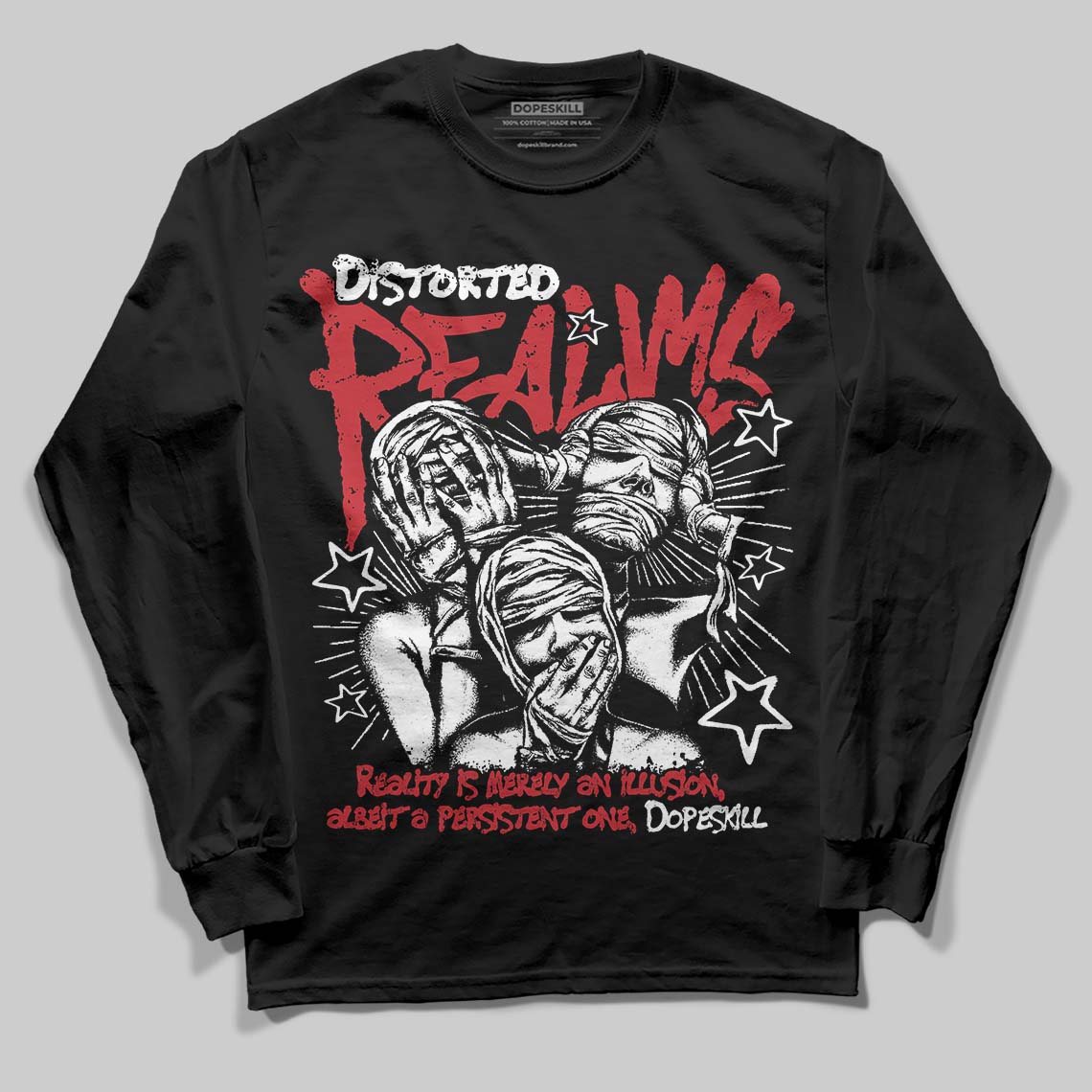 Jordan 5 Retro Fire Red Black Tongue (2025) DopeSkill Long Sleeve T-Shirt Distorted Realms Graphic Streetwear - Black