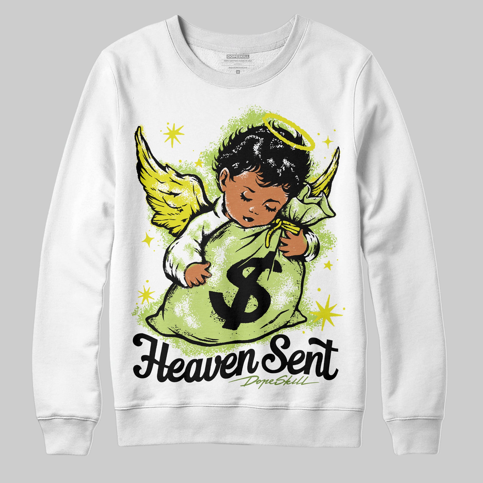 Jordan 13 Retro Bright Cactus DopeSkill Sweatshirt Heaven Sent Graphic Streetwear - White