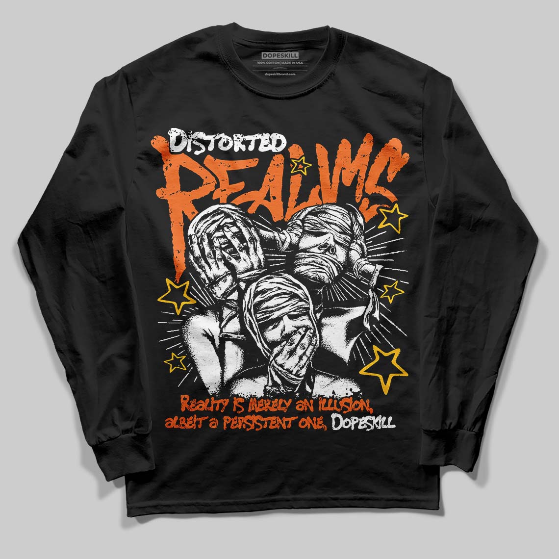 Orange, black and white Sneakers DopeSkill Long Sleeve T-Shirt Distorted Realms Graphic Streetwear - Black