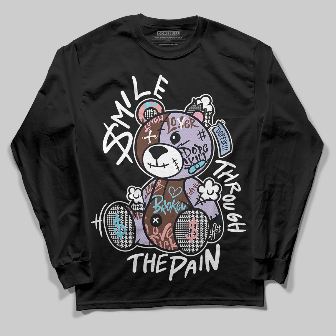 Harris Tweed x Dunk Low Denim Turquoise and Baroque Brown DopeSkill Long Sleeve T-Shirt Smile Through The Pain Graphic Streetwear - Black