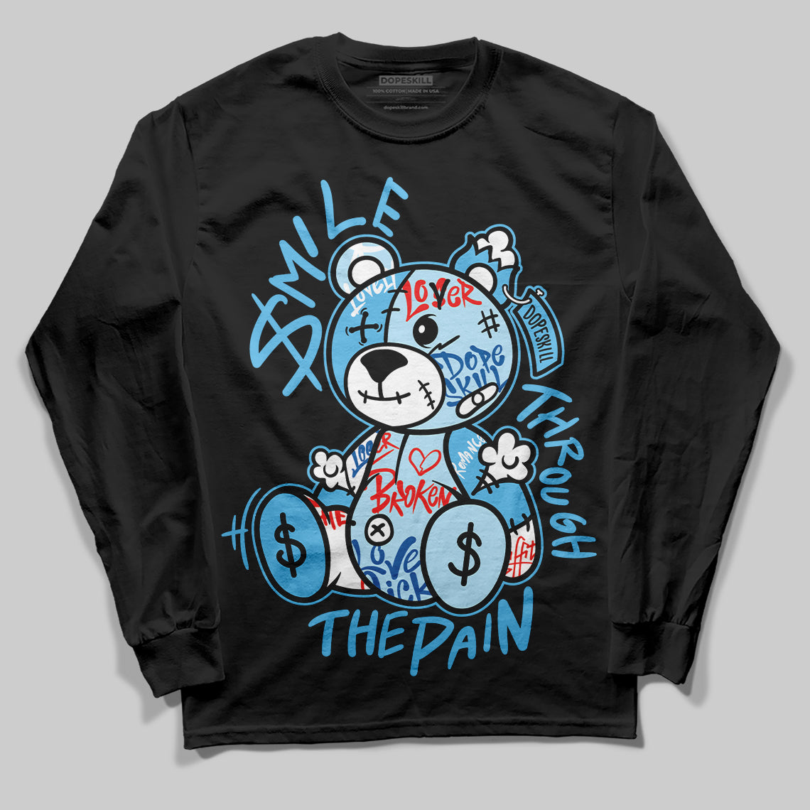 Jordan 11 Retro Legend Blue DopeSkill Long Sleeve T-Shirt Smile Through The Pain Graphic Streetwear - Black