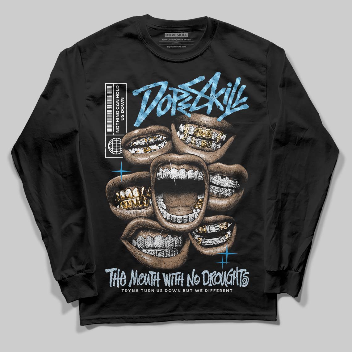 Jordan 4 Denim “Worn Blue” DopeSkill Long Sleeve T-Shirt The Mouth With No Droughts Graphic Streetwear - Black