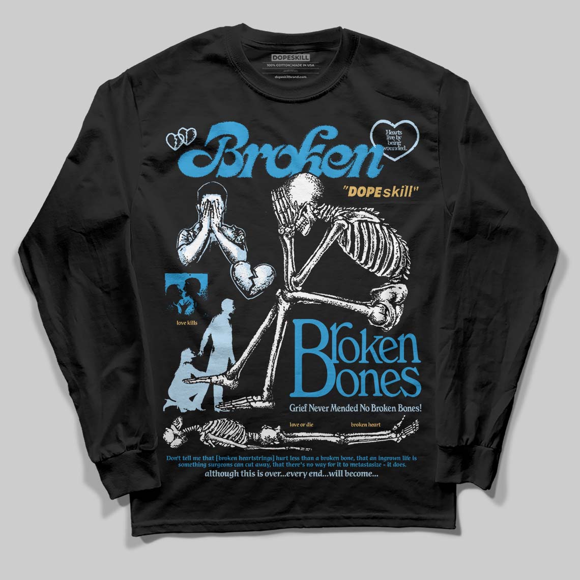 Jordan 4 Denim “Worn Blue” DopeSkill Long Sleeve T-Shirt Broken Bones Graphic Streetwear - black