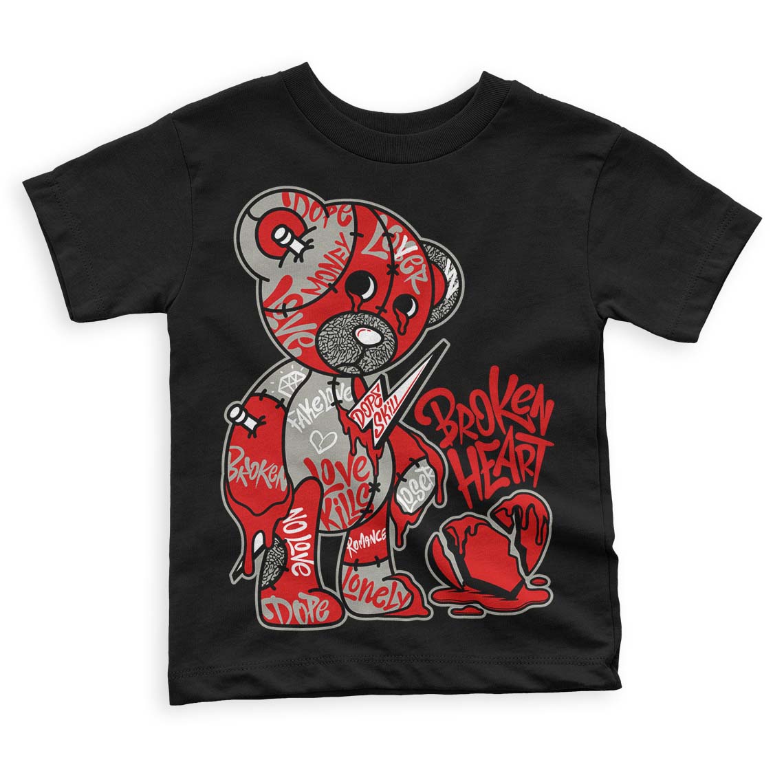 Jordan 3 Fire Red DopeSkill Toddler Kids T-shirt Broken Heart Graphic Streetwear - Black