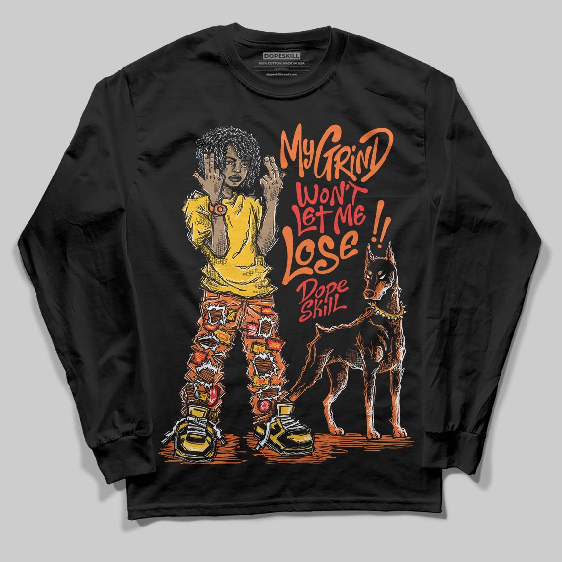 Orange, Black and White Sneakers DopeSkill Long Sleeve T-Shirt My Grind Won't Let Me Lose Graphic Streetwear - Black