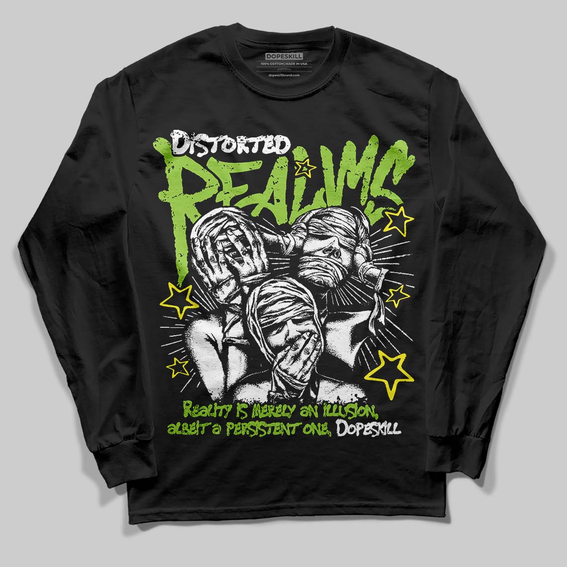 Neon Green Sneakers DopeSkill Long Sleeve T-Shirt Distorted Realms Graphic Streetwear - Black