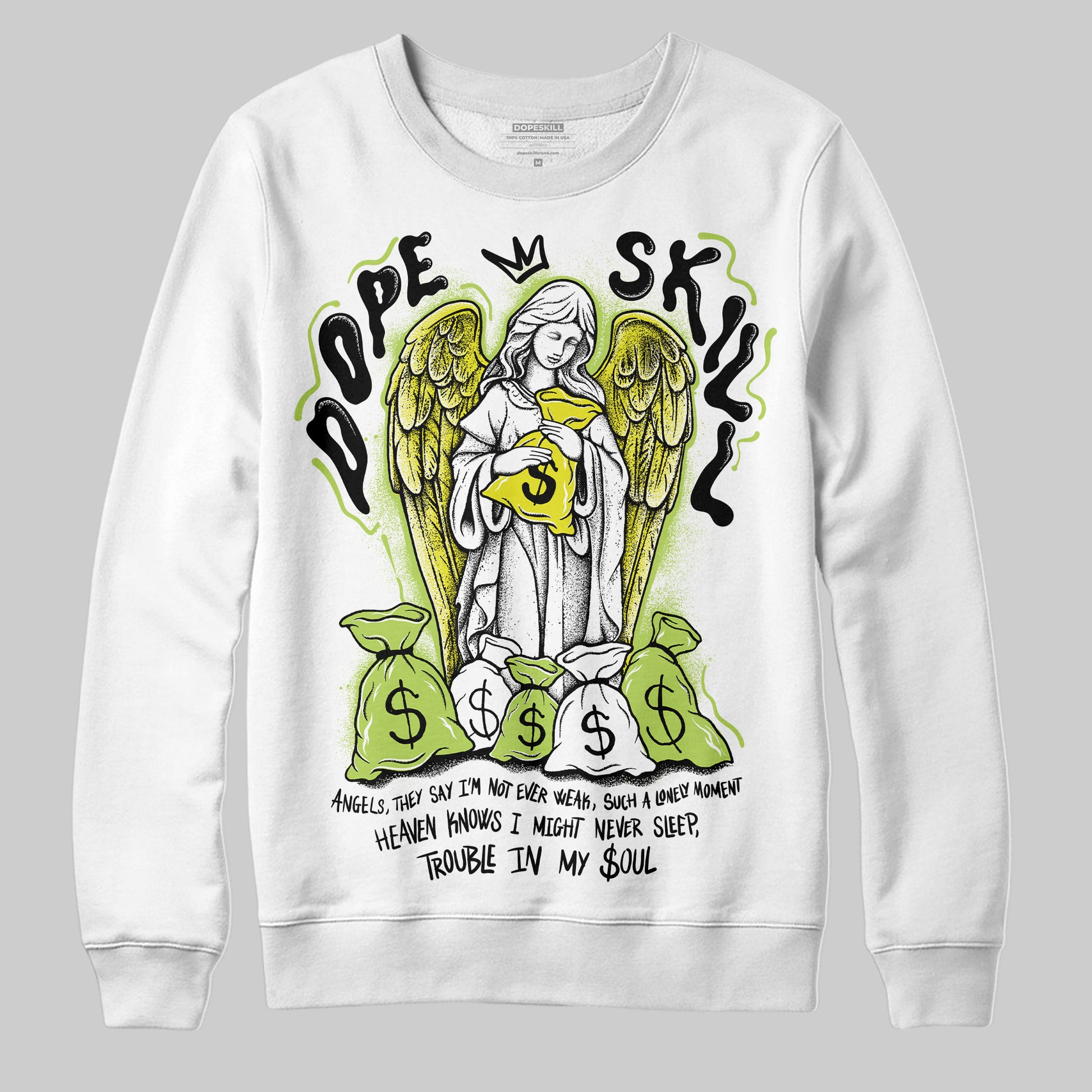 Jordan 13 Retro Bright Cactus DopeSkill Sweatshirt Angels Graphic Streetwear - White