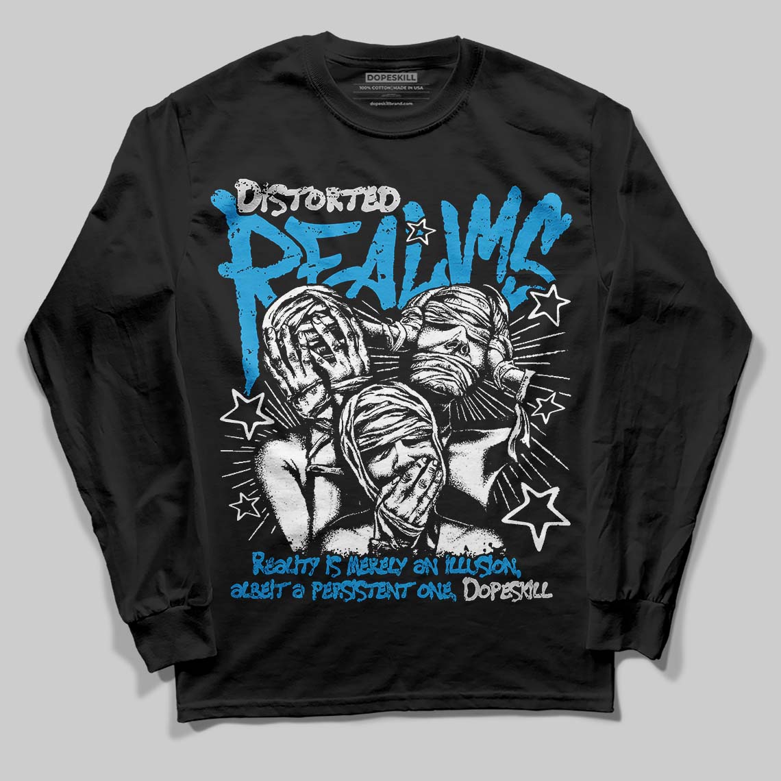 Jordan 4 Retro Military Blue DopeSkill Long Sleeve T-Shirt Distorted Realms Graphic Streetwear - Black