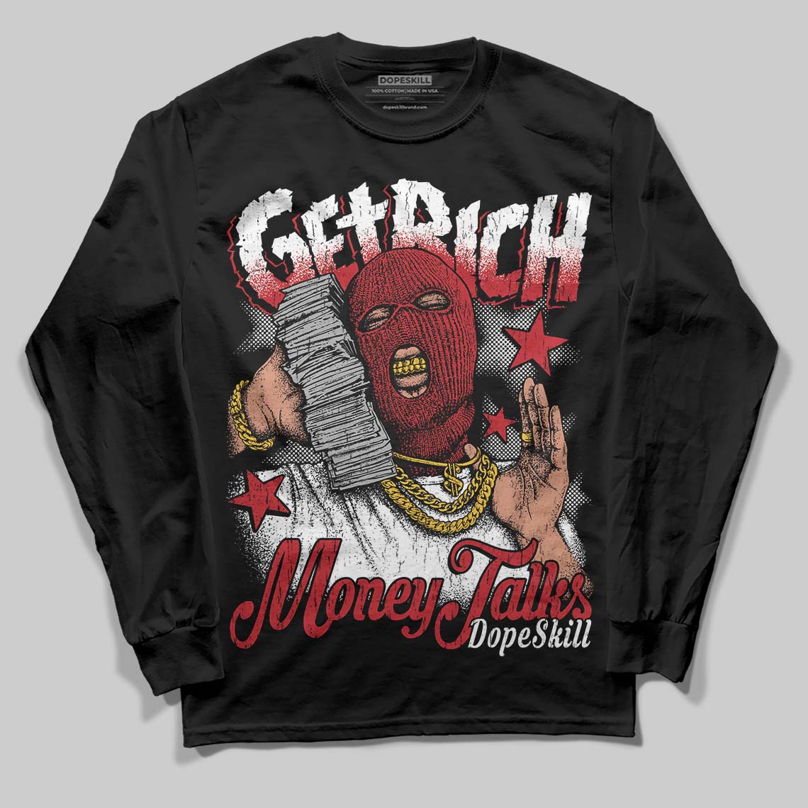 Jordan 5 Retro Fire Red Black Tongue (2025) DopeSkill Long Sleeve T-Shirt Get Rich Graphic Streetwear - Black