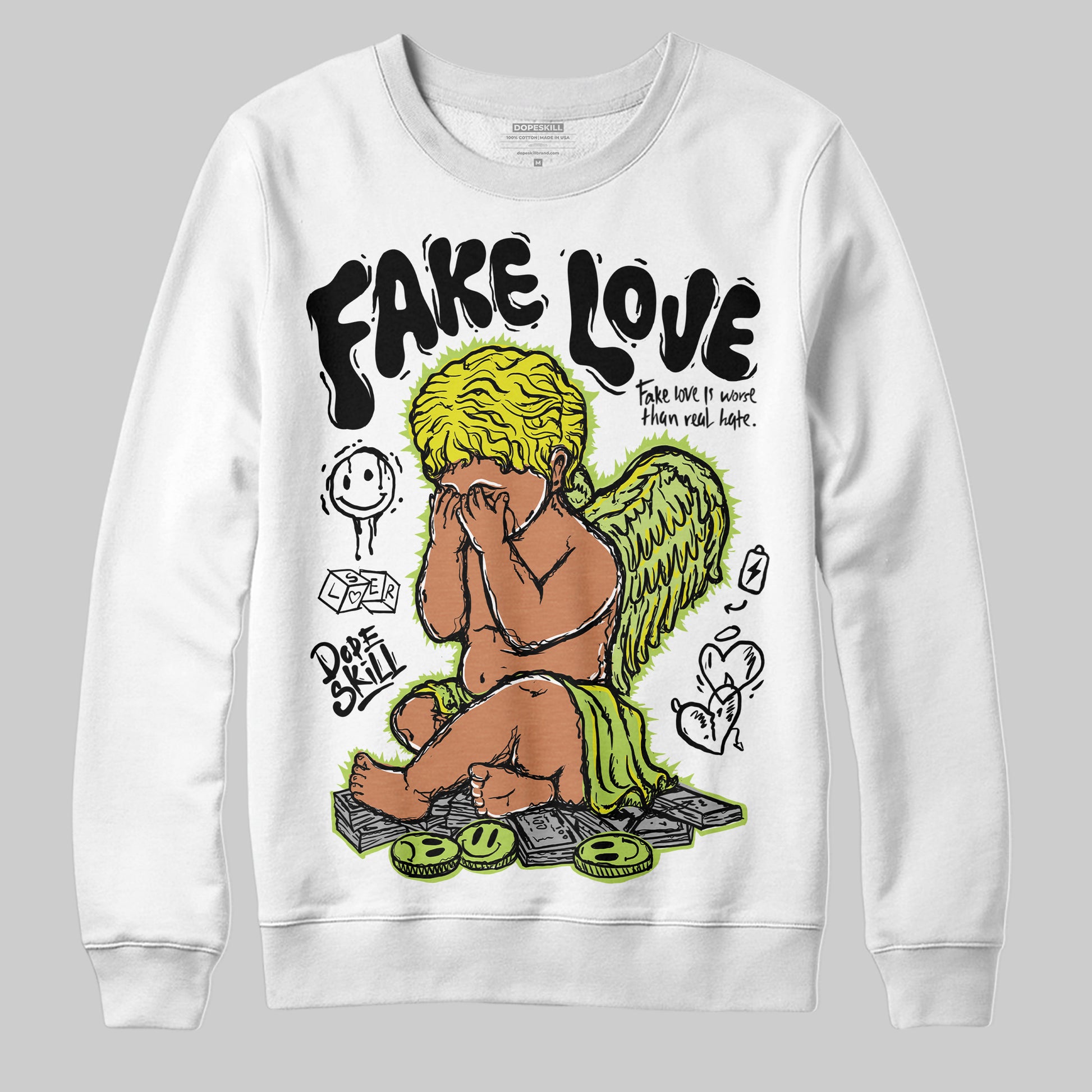 Jordan 13 Retro Bright Cactus DopeSkill Sweatshirt False Love Graphic Streetwear - White