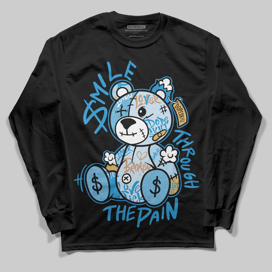 Jordan 4 Denim “Worn Blue” DopeSkill Long Sleeve T-Shirt Smile Through The Pain Graphic Streetwear - Black