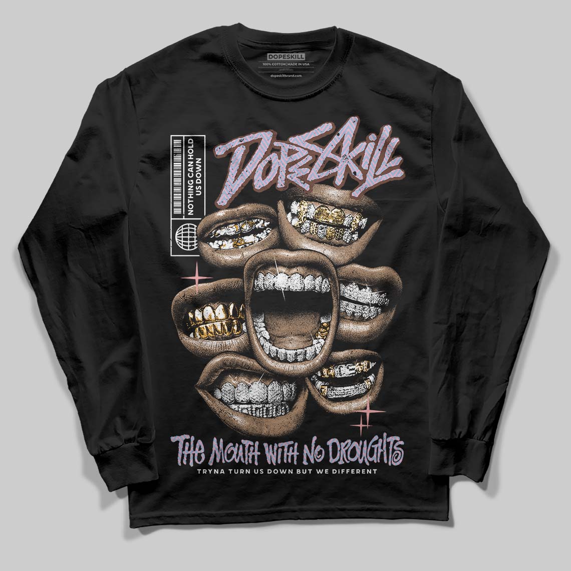 Harris Tweed x Dunk Low Denim Turquoise and Baroque Brown DopeSkill Long Sleeve T-Shirt The Mouth With No Droughts Graphic Streetwear - Black
