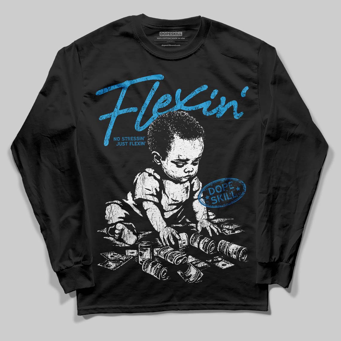 Jordan 4 Retro Military Blue DopeSkill Long Sleeve T-Shirt Flexin' Graphic Streetwear - Black