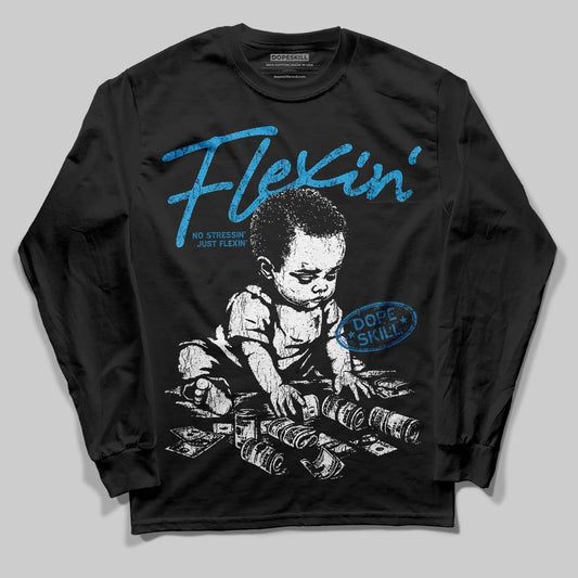 Jordan 4 Retro Military Blue DopeSkill Long Sleeve T-Shirt Flexin' Graphic Streetwear - Black