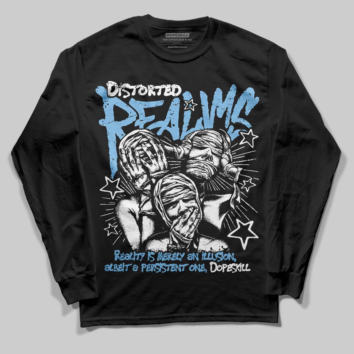 University Blue Sneakers DopeSkill Long Sleeve T-Shirt Distorted Realms Graphic Streetwear - Black