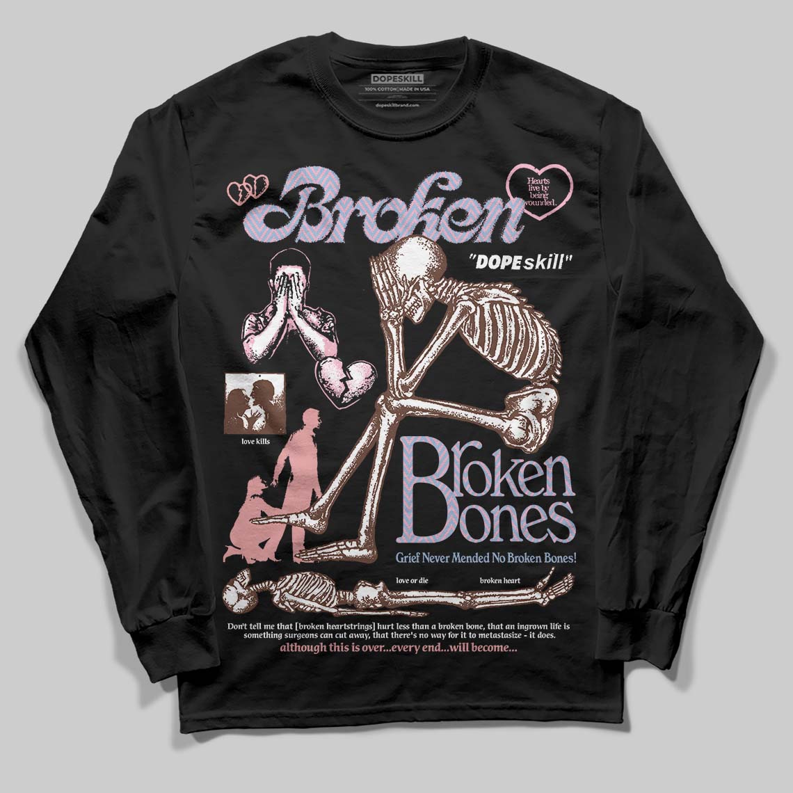 Harris Tweed x Dunk Low Denim Turquoise and Baroque Brown DopeSkill Long Sleeve T-Shirt Broken Bones Graphic Streetwear - Black