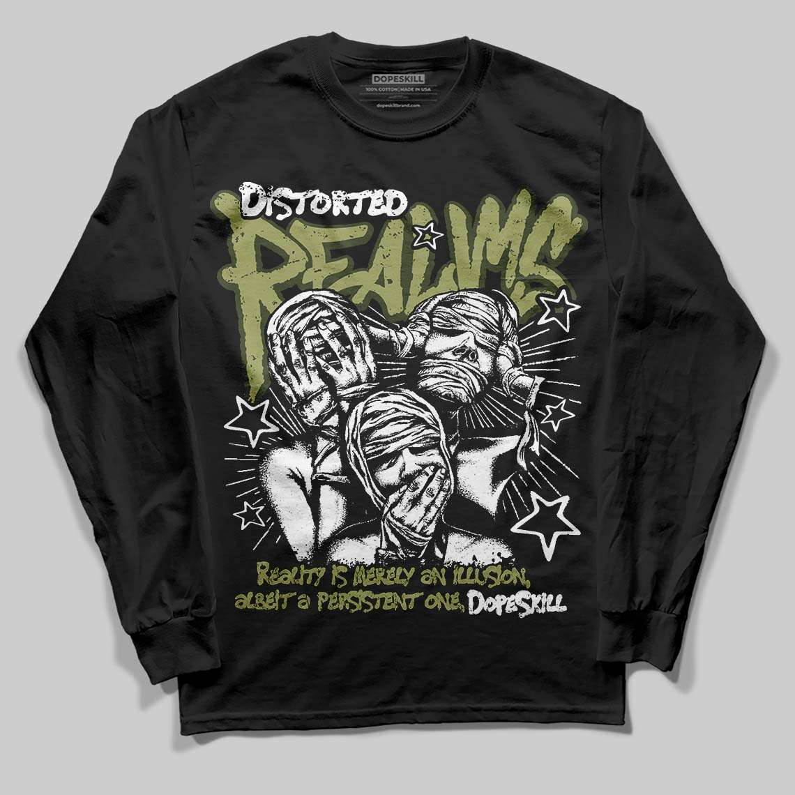 Olive Sneakers DopeSkill Long Sleeve T-Shirt Distorted Realms Graphic Streetwear - Black