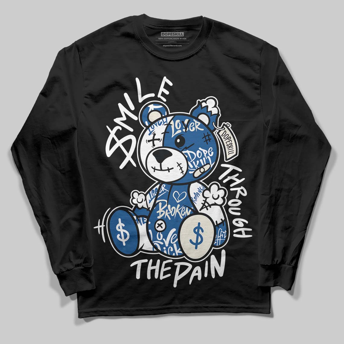 Jordan 1 Low OG “Storm Blue” DopeSkill Long Sleeve T-Shirt Smile Through The Pain Graphic Streetwear - Black