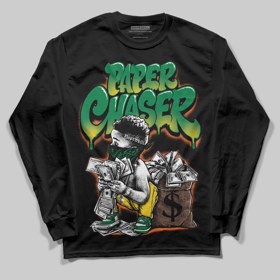 Green Sneakers DopeSkill Long Sleeve T-Shirt Paper Chaser Boy Graphic Streetwear - black