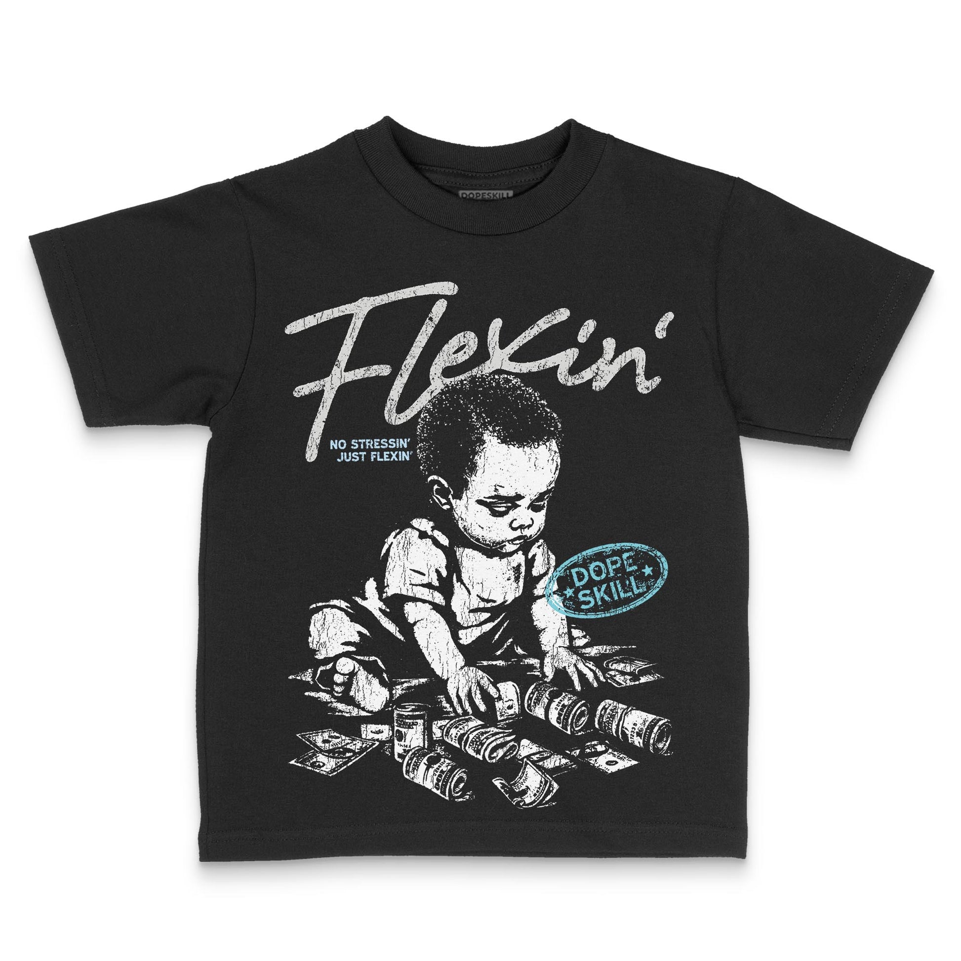 Jordan 4 Retro GS “Blue Chill” DopeSkill Toddler Kids T-shirt Flexin' Graphic Streetwear - Black