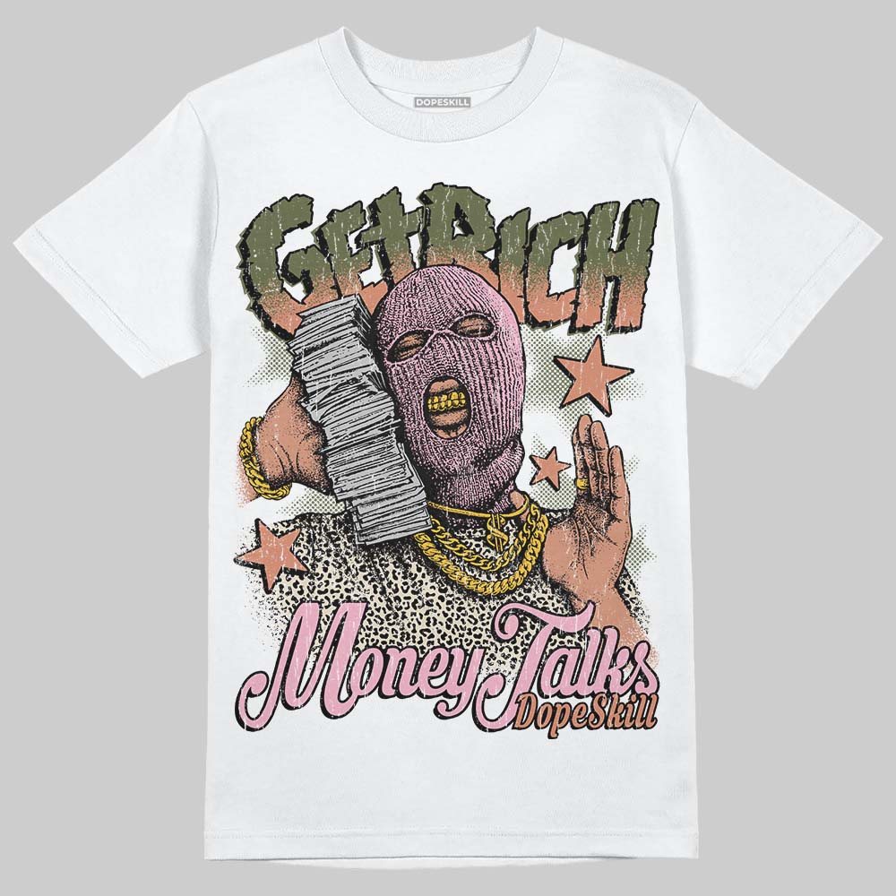 SB Dunk Low Pro x Arts-Rec Skateshop Rust Pink and Rough Green DopeSkill T-Shirt Get Rich Graphic Streetwear - White