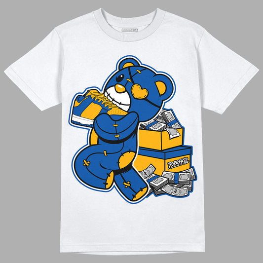 Dunk Blue Jay and University Gold DopeSkill T-Shirt Bear Steals Sneaker Graphic Streetwear - White
