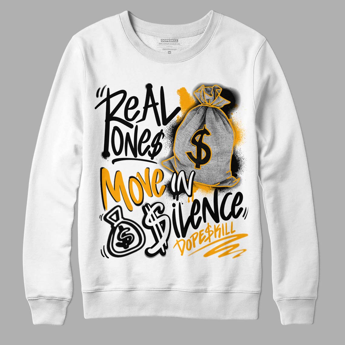 Black Taxi 12s DopeSkill Sweatshirt Real Ones Move In Silence Graphic - White